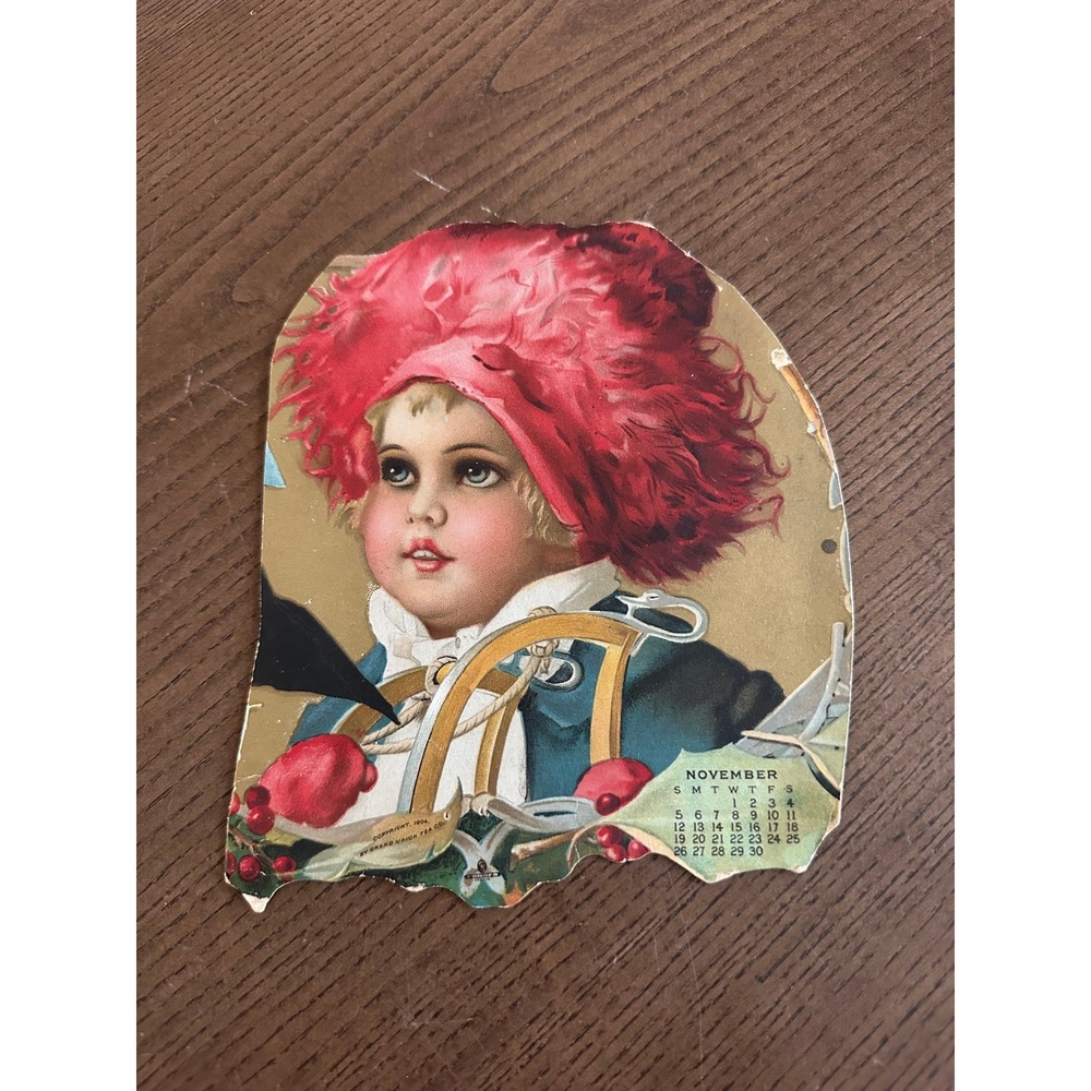 Antique 1904 Grand Union Tea Co Calendar Lithograph Ephemera Child Red Hat Art